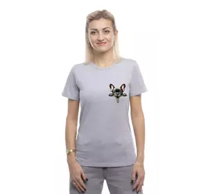 Bono Футболка жіноча прямого крою 950119 колір сірий меланж принт собака французик Bono Футболка жіноча прямого крою 950119 колір сірий меланж принт собака французик